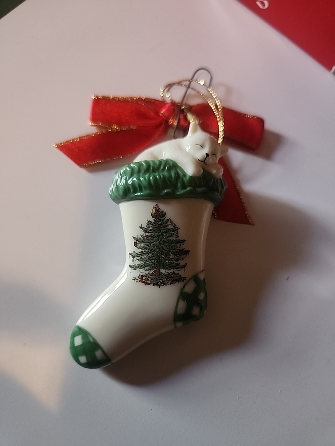 Spode Christmas Tree Ornament Ceramic Kitty Sleeping On Stocking 2 Inch