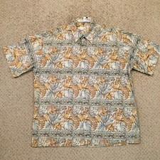 Pierre Cardin Shirt Mens Large Gray Gold Floral Short Sleeve Button Up Cotton