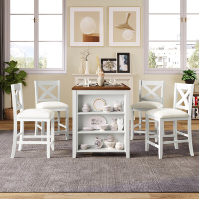 Counter Height Rustic Farmhouse Bar Table 5pc Set w/4 Chairs   White