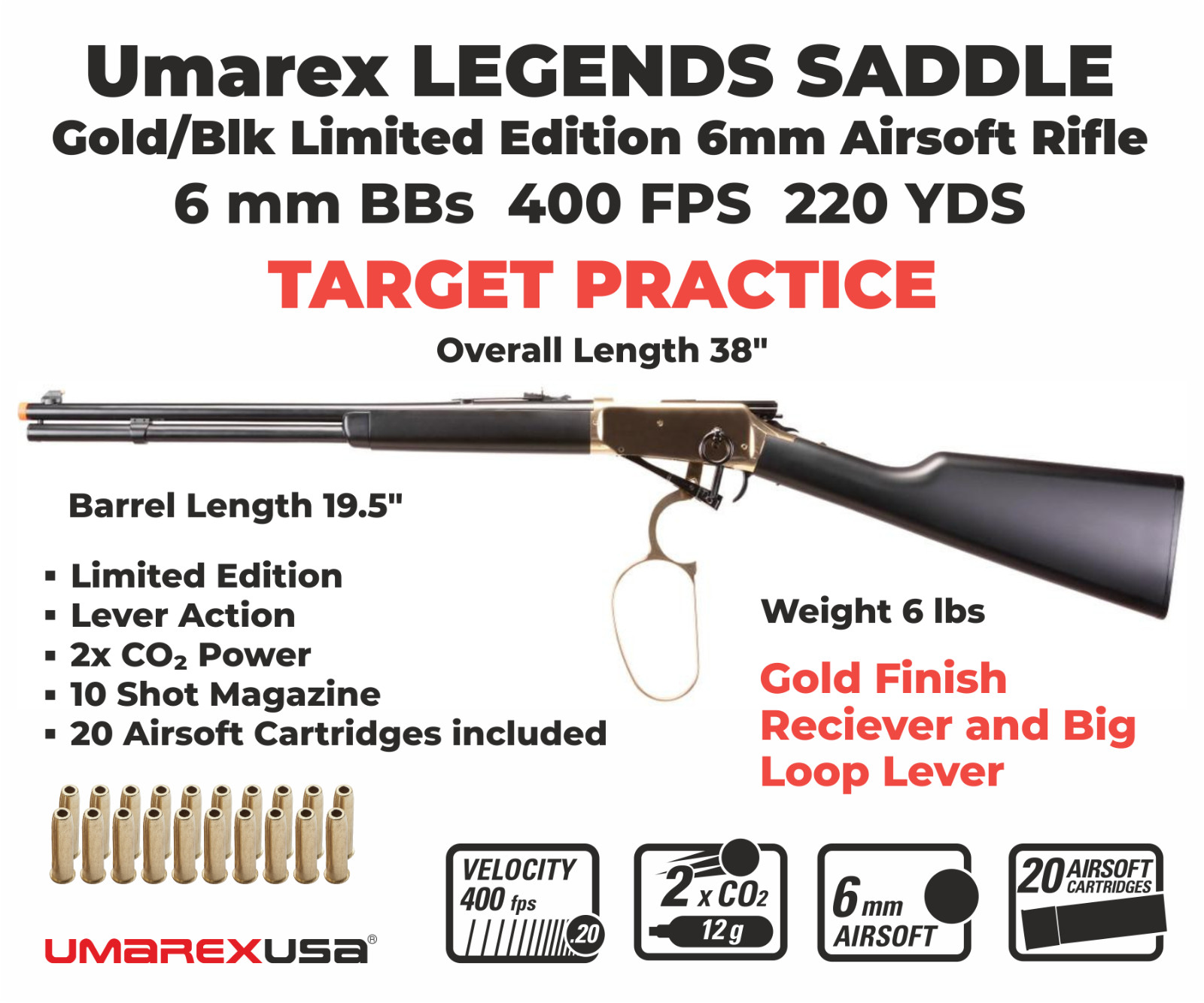 Umarex Legends Saddle Gold/Blk  Limited Edition  6mm Airsoft Rifle w/CO2 and BBs