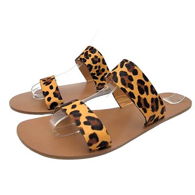 Crew Factory Leopard Calf Hair Easy Flat Summer Slide Sandals Size 