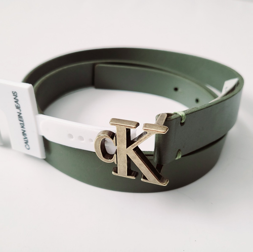 Calvin Klein Womens CK Logo Buckle Leather Belt Size XL green
