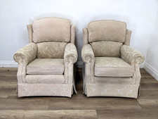 ARMCHAIRS Pair Peter Guild High Back Beige Damask Fabric Cushions FREE DELIVERY