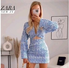 Zara Knot Cut Out Front Linen Blend Striped Blue White Mini Lined Long Sleeve XS