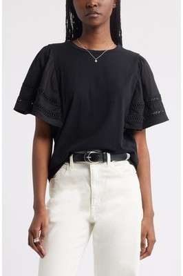 Treasure & Bond Women's Black Knit Top Flutter Sleeve Large