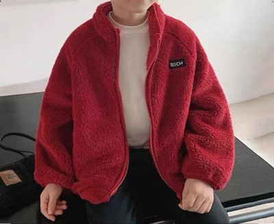 Boys Kids Girls Dark Red Warm Fluffy Coral Fleece Zip Cardigan Jacket Coat