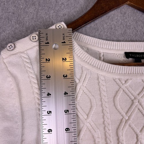 Talbots Sweater Women's Medium White Cable Knit Button Shoulder Pullover Classic - Picture 2 of 11