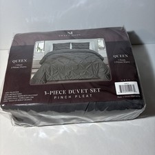 3-Piece Duvet 2 Pillows Shams  GRAY Queen Sweet Home Pinch Pleat