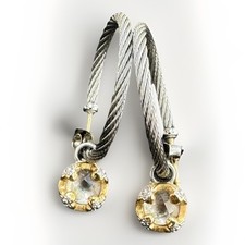 Philippe Charriol 18k Gold & Steel Cable & White Topaz Hoop Earrings