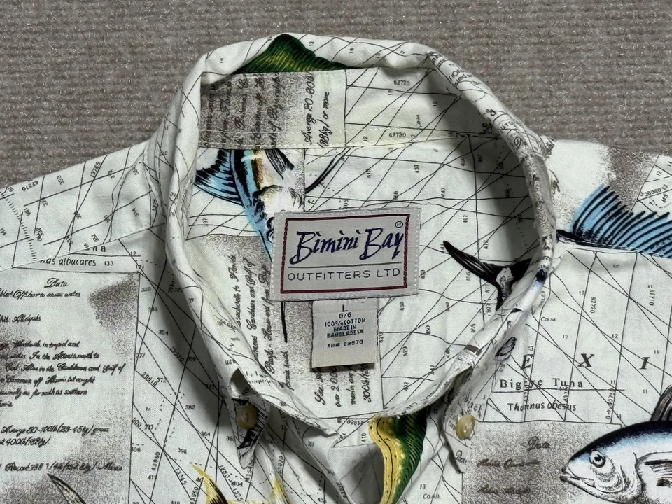 Camisa Bimini Bay Outfitters Para Hombre Grande Blanca Pesca Hawaiano Pez Estampado Algodón Foto 3 de 4
