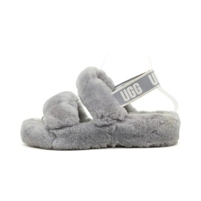 UGG Damen Sandalen EU 38 Fluff Yeah Slide Grau Logo-Riemen, Plüschig, Komfort