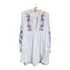 Free People Mini Dress XS Mia Floral Embroidered White With Pockets