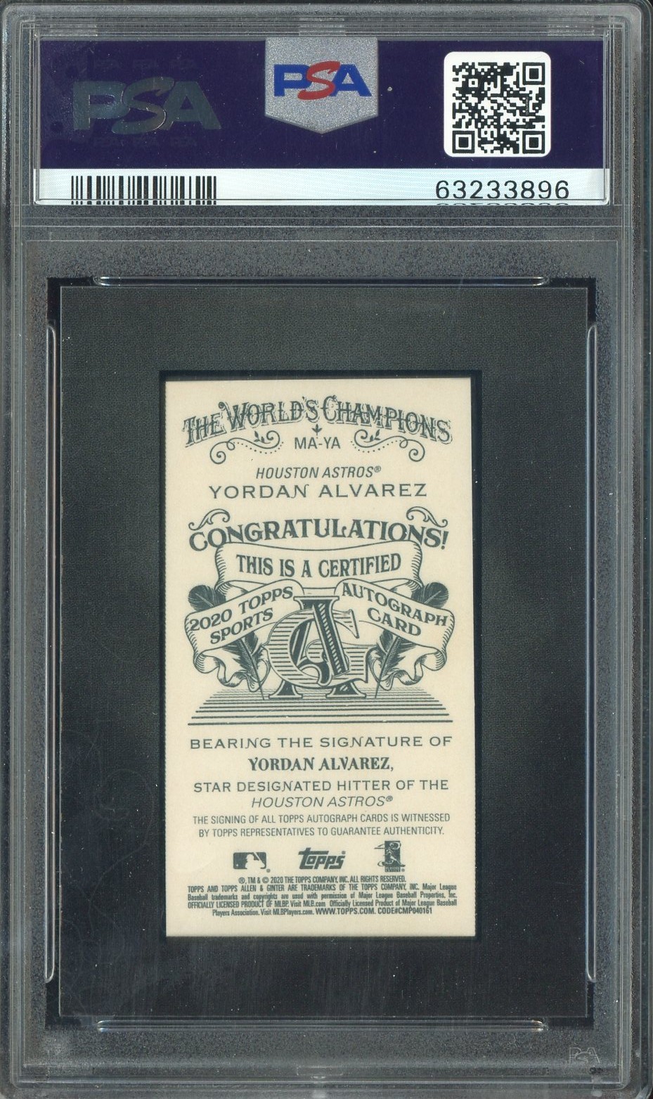 PSA 10 2020 Topps A&G Rookie Mini Yordan Alvarez Auto Black /10 view 2