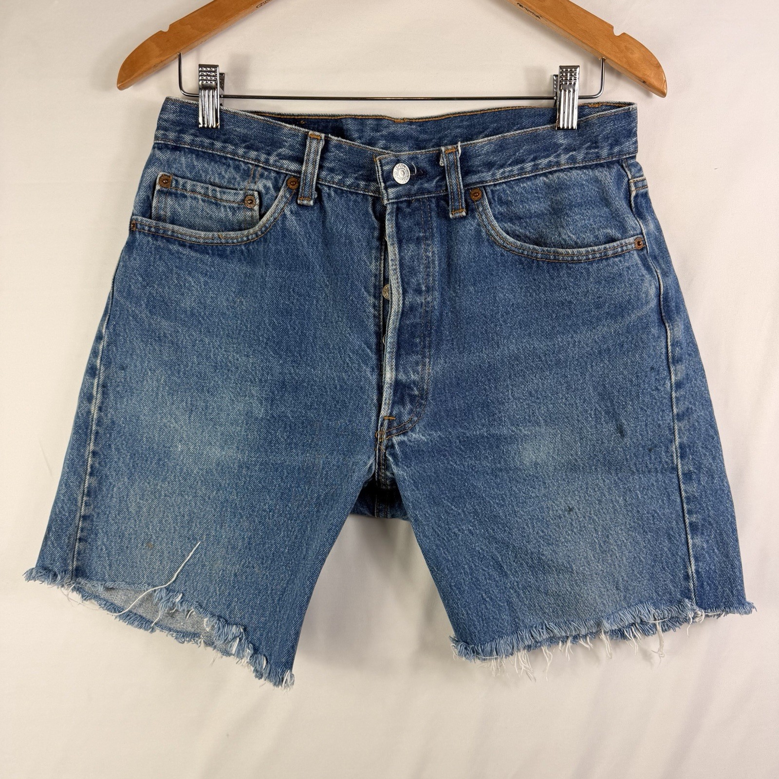 Levi's 501 Cut Off Shorts Women's 33 Blue Distressed Denim Y2K Mid Rise