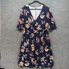Old Navy Midi Dress Womens 1X Blue Floral Jersey Knit Faux Wrap Casual Plus Size