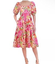 Vince Camuto Pink Floral Puff Sleeve Smocked Ruffle Midi Dress Size 12