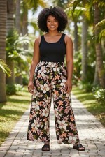 Billabong NWT Womens Large Black Floral Wide Leg Pants Pull On Resort Pockets