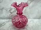Vintage Fenton Cranberry Glass Optic Melon Ruffle Edge Vase 6" Tall