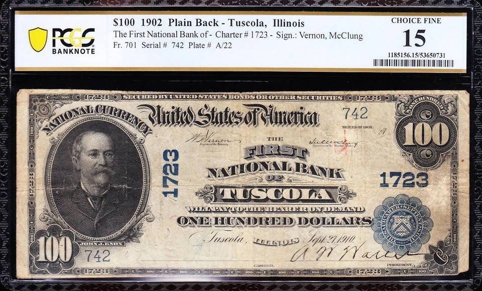 *RARE* Choice Fine+ 1902 $100 TUSCOLA, IL National Banknote! PCGS 15! FREE SHIP! - Image 2 of 3