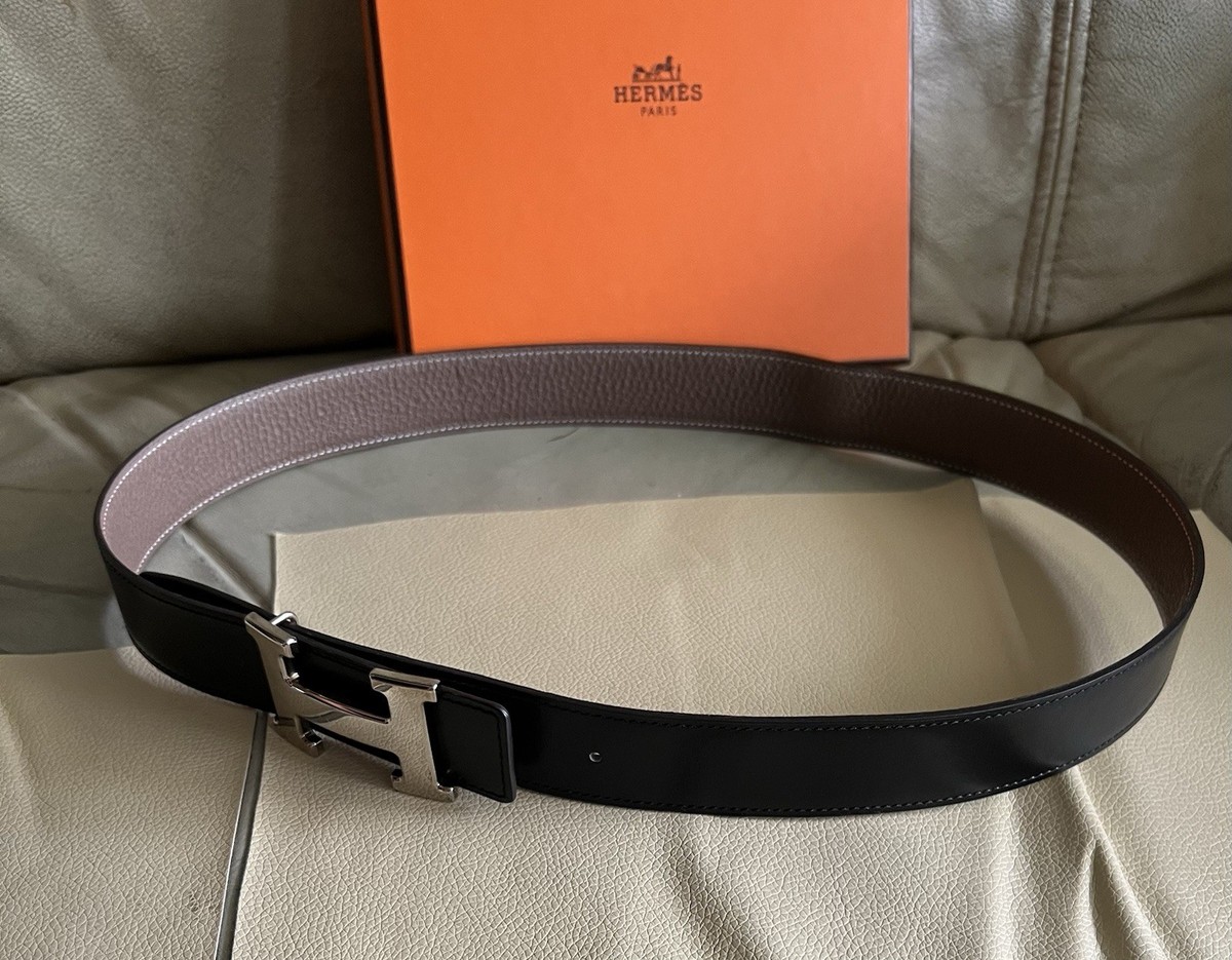 Hermes Belt Wide Beige Grey Silver Hardware Buckle Size 85 Authentic Hermes Silver H Logo Reversible Belt Beige / Black  main image 3
