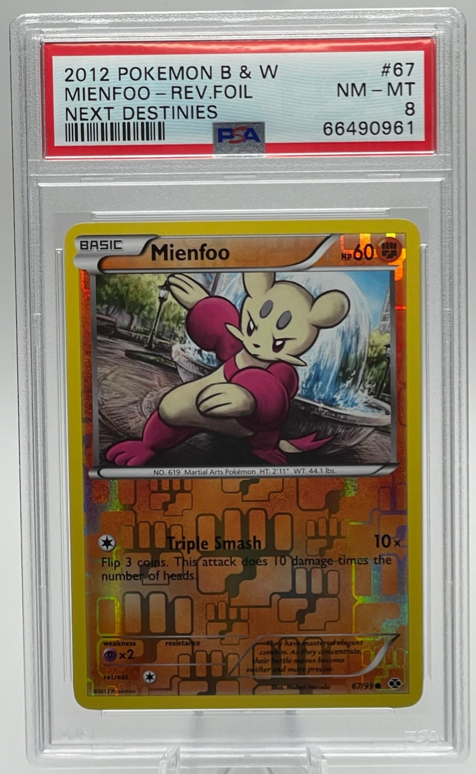 2012 POKEMON BLACK & WHITE NEXT DESTINIES #67 MIENFOO REVERSE FOIL PSA 8 NM-MT