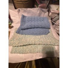 Handmade Crochet Baby Blanket Lot of 2 Blue  White Textured Stroller Blanket