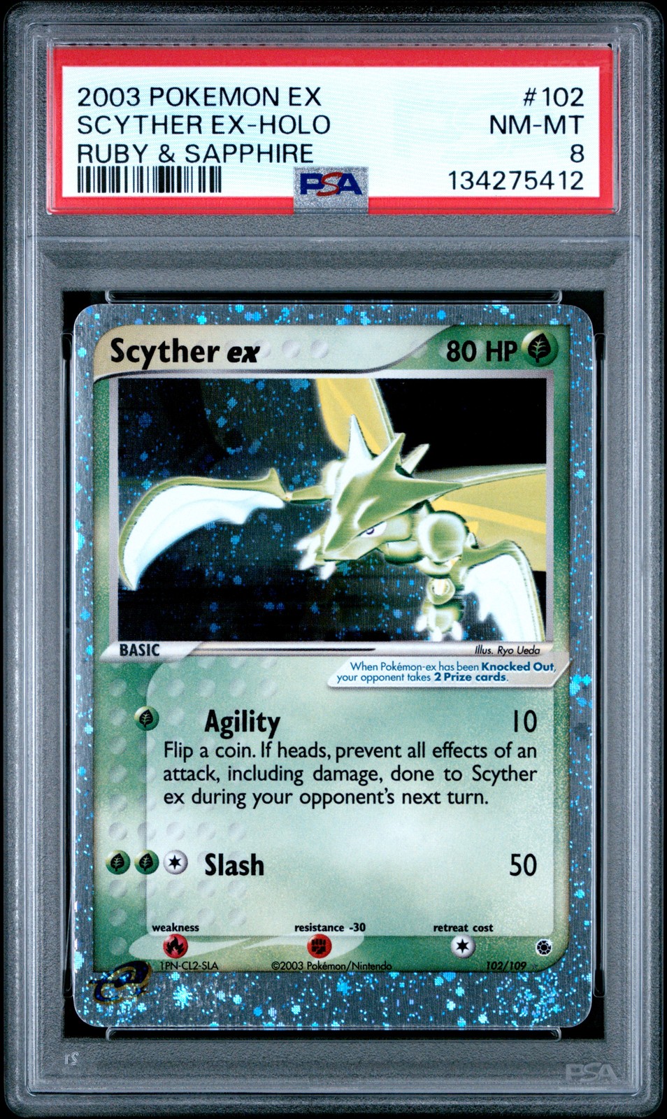 2003 POKEMON EX RUBY & SAPPHIRE #102 SCYTHER EX-HOLO PSA 8