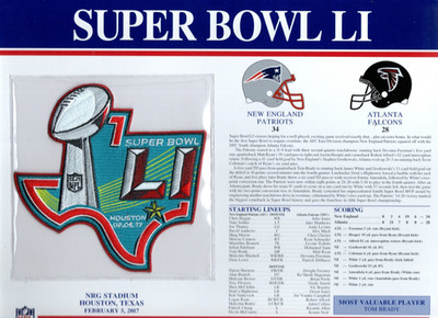 Super Bowl LI Patriots vs Falcons Shield Logo Patch Football Game Stat Card