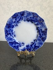 Antique W H Grindley England Flow Blue Argyle Salad Plate  8 1/2  14 Sided