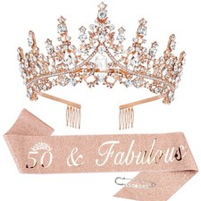 50th Birthday Decorations Rose Gold Sash Tiara For 50 And Fabulous Women Gift