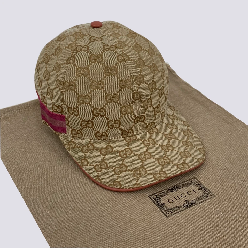 Gorra de béisbol Gucci GG monograma rosa tela rayas beige talla M Foto 2 de 4