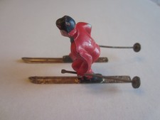 Vintage Barclay/Manoil Lead Skier in Red Outfit with Metal Skis and Ski Poles