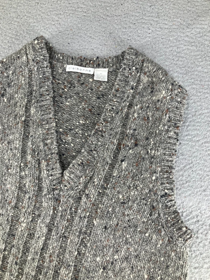Vintage Claiborne Sweater Vest Mens Medium Gray Wool 90s Grandpa Fleck V Neck - Image 3 of 4