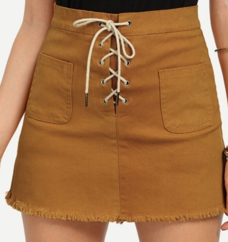 Denim Pocket Shoe String Lace Fly Distress Fray Raw Hem Mustard Short Skirt M - Picture 8 of 8