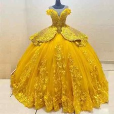 Gold Quinceanera Dresses Lace Applique Tiered Beaded Sweep Train Sweet 16