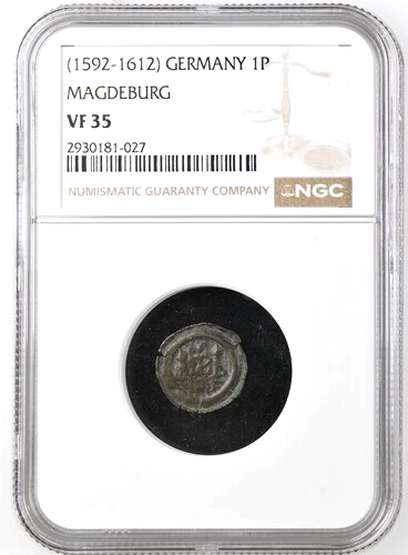 1592 - 1612 German States Magdeburg Pfennig, NGC VF 35, KM-205, Germany