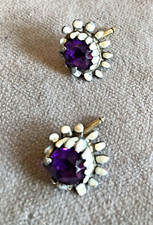 Antique Victorian Shirt Studs Large Amethyst set in White Enameled Daisy Flower