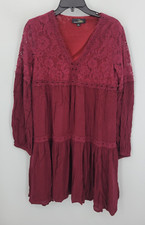 Suzanne Betro Dress Womens Large Maroon Tiered Long Sleeve Boho Prairie Flowy