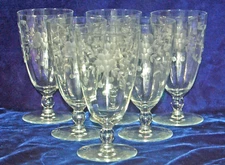 SIX LANCASTER DEPRESSION GLASS FLORAL ETCHED ICED TEA TUMBLERS - NICE