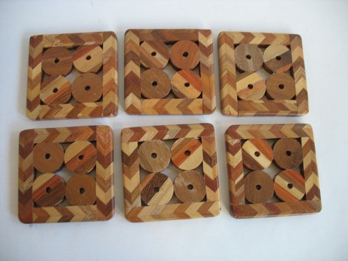 S/6 4" square wooden wood variety coasters Hot trivet geometric Barware - Picture 5 of 9