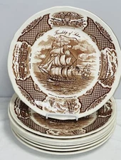 8 Alfred Meakin FAIRWINDS SHIPS BROWN 10 1/2" DINNER PLATES