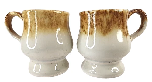 Set Of 2 McCoy Pottery USA Brown Cream Drip Glaze Coffee Mug Cup Vintage