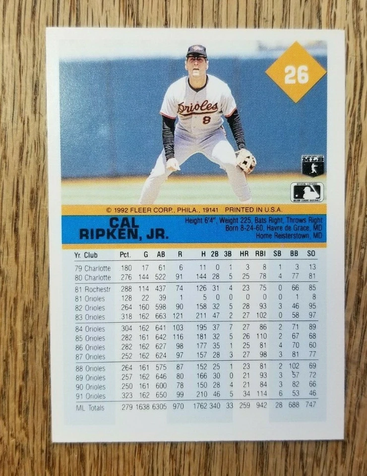 Cal Ripken, Jr. 1992 Fleer #26 Baseball - Mint - Image 2 of 2