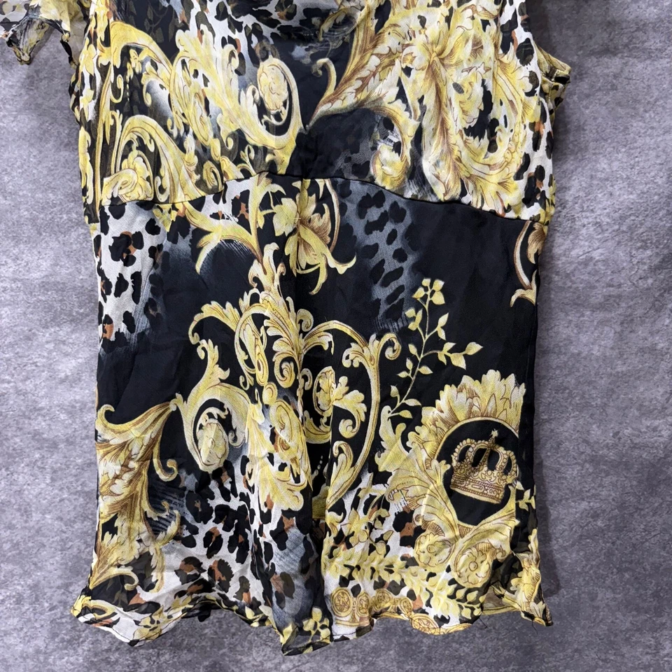 Top Babydoll Y2K ECI 100 % seda para mujer XL negro dorado estampado de pergamino manga aleteada Foto 4 de 4
