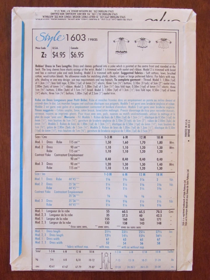 STYLE PATTERN - 1603 BABIES GIRL DRESS FRONT V-YOKE LACE TRIM SIZE 6mths UNCUT  - Image 2 of 2