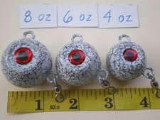 9 PCS FLUKE EAR BALL JIGS W/EYE SOCKET #1 SWIVEL WHITE/BLACK VEIN 8, 6, 4 OZ 3ea
