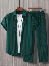 Men Summer Outfit 2-Piece Set Stripe Short Sleeve Shirt  Pants Daily Casual Set