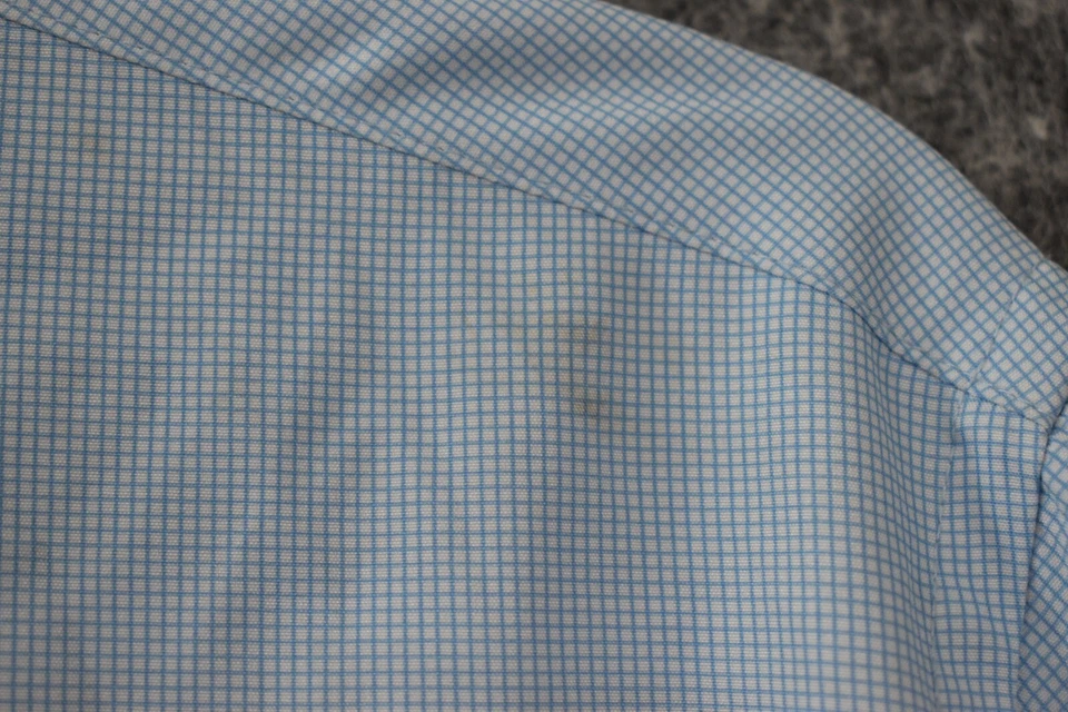 Report Collection Shirt L 16-16.5 34/35 Slim Blue Plaid Button Up 4 Way Stretch - Image 4 of 4