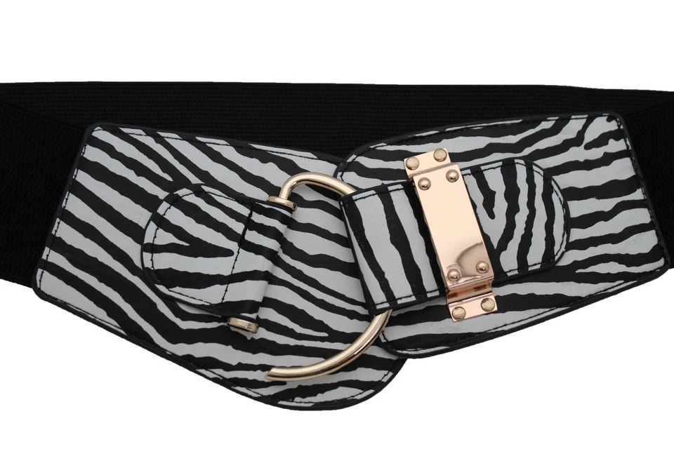 Mujeres Negro Blanco Cebra Estampado Animal Cintura Elástica Cinturón Gancho Hebilla Ajuste L XL Foto 4 de 4