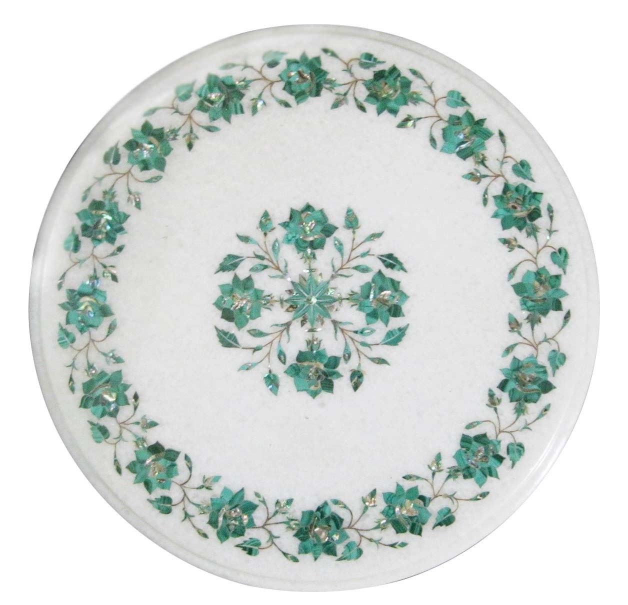 18-Inch Handcrafted White Marble Malachite Floral Inlay Table Top Decor
